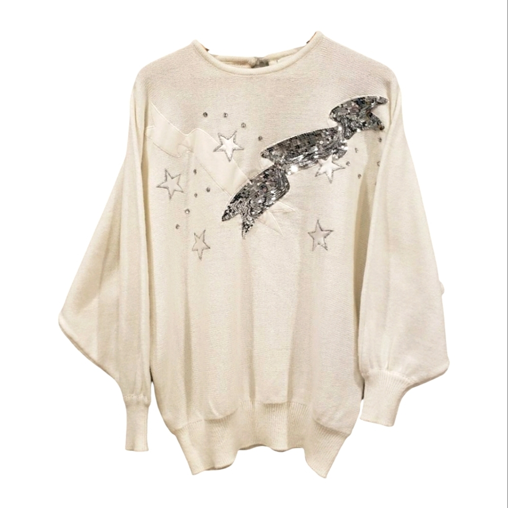 Vintage Christmas/New Years Part Sweater Knit  Sparkly Stars/Ribbons Cre…